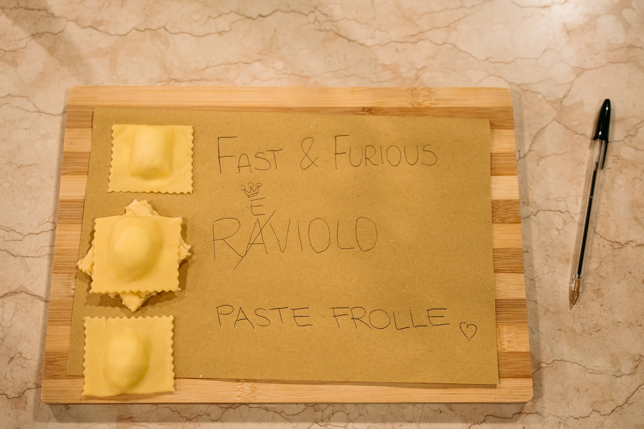 Tovaglietta segnapunti con ravioli di varie forme per le diverse squadre