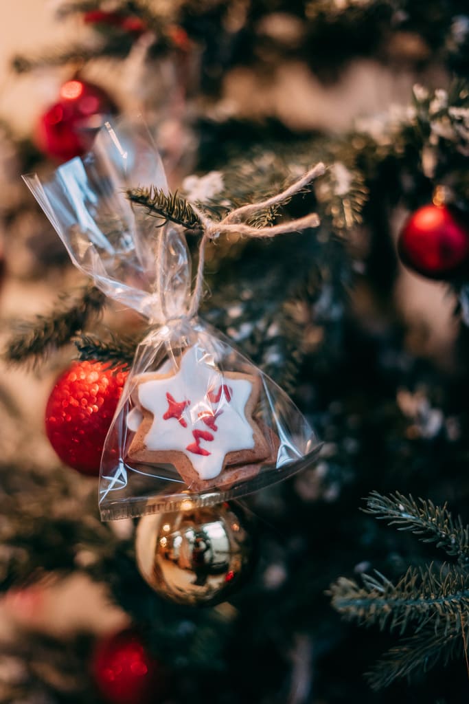 Star-shaped Christmas cookie wrapped in a transparent bag, hanging on a Christmas tree with red balls